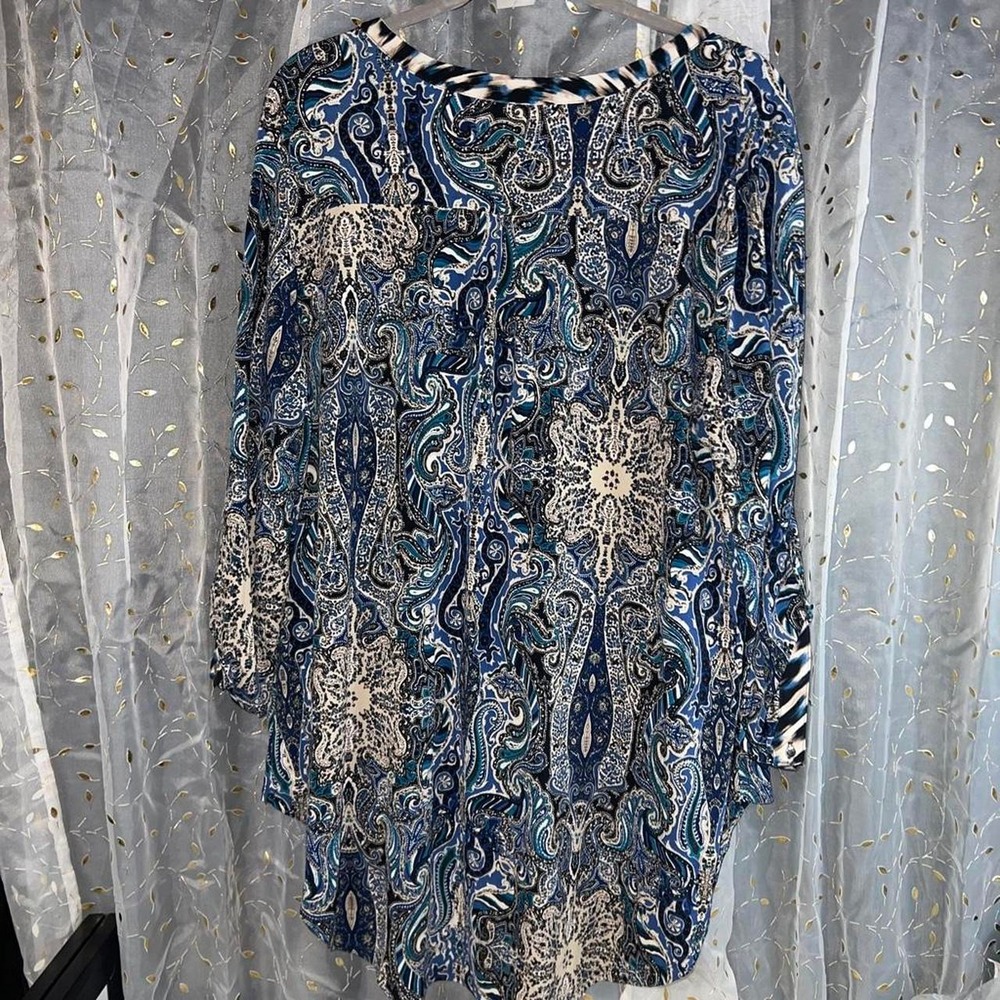 Cato Blue White Paisley Print Blouse Striped Trim Boho V-Neck Top XL - Picture 4 of 4